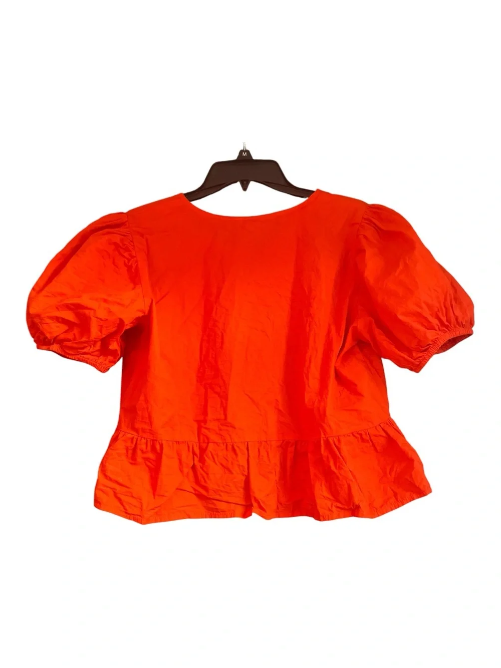 Puff Sleeve Vibrant Red Orange Cotton Blouse with Tie Closure Size L Boho Summer - Picture 4 of 12